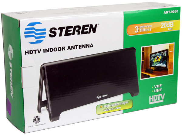 Antena para TV de alta definición con triple filtro anti-ruido.