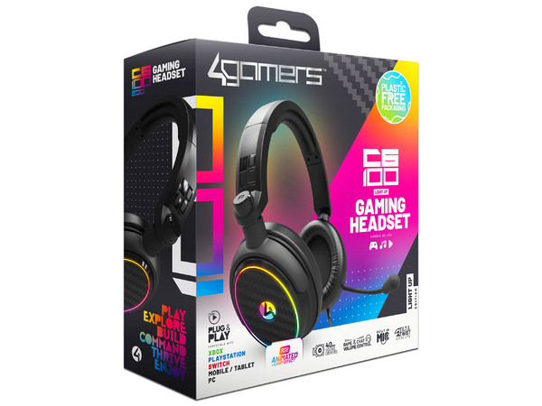 Audífonos Gamer 4Gamers C6-100, Compatible con Xbox y PS5, Iluminación LED, Color Negro.