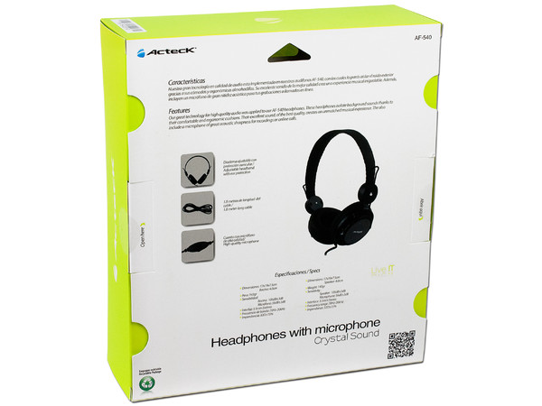 Audífonos Acteck Crystal Sound modelo AF-540, con Micrófono y control de volumen en el cable.