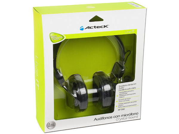 Audífonos Acteck Crystal Sound modelo AF-540, con Micrófono y control de volumen en el cable.