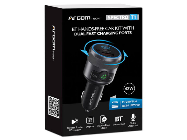 Kit de Manos Libres Argomtech ARG-AC-0343 para Automóvil,  Cargador de 42W, Bluetooth 5.1, USB, USB-C.