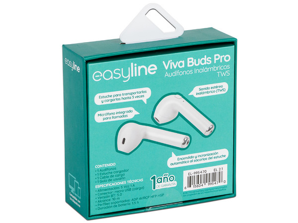 Audífonos Inalámbricos con micrófono EASY LINE TWS Viva Buds Pro, Batería recargable, Bluetooth. Color Blanco.