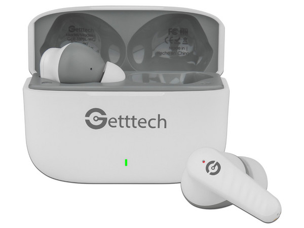 Audífonos Earbud Getttech Bluetooth GUE-T8PBL-WG con Versión 5.3, Incluyen Estuche de Carga y Control Táctil. Colores Blanco y Gris.