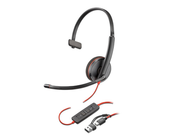 Audífonos Monoaural Poly Black Wire 3210 con Micrófono, USB-C, USB. Color Negro.