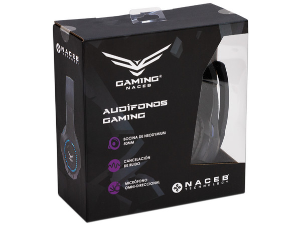 Audífonos tipo diadema Naceb-0304A con micrófono, respuesta de frecuencia 20 Hz - 20,000 Hz. Color Negro.