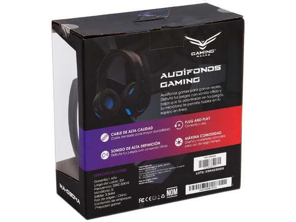 Audífonos tipo diadema Naceb-0304A con micrófono, respuesta de frecuencia 20 Hz - 20,000 Hz. Color Negro.