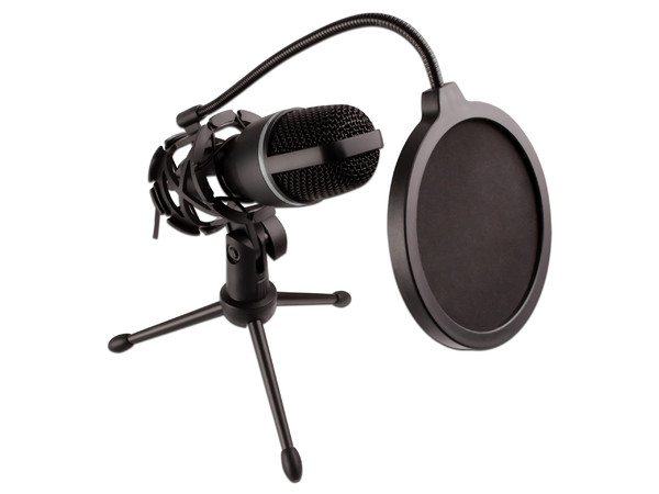 Micrófono Perfect Choice Noise Barrier con Filtro Anti Pop y Tripié de Escritorio, 3.5mm, Frecuencia de 20Hz-20KHz, Color Negro.