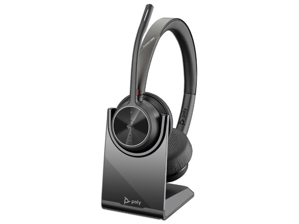 Audífonos Inalámbricos con Micrófono Poly Voyager 4320 MS con Base de carga, Incluye adaptador Bluetooth BT700, USB. Color Negro.
