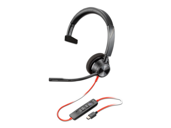 Audífono Monoaural tipo Diadema con Micrófono Poly Blackwire 3310, USB-C, Adaptador USB-A. Color Negro.