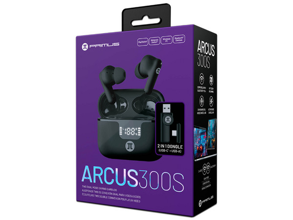 Audifonos Gamer Primus ARCUS300S, Con Estuche de Carga, Respuesta de Frecuencia 20Hz - 20kHz, Bluetooth, Receptor USB. Color Negro.