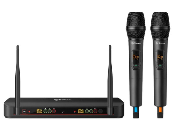 Sistema de 2 Micrófonos Inalámbricos UHF, Selección Automática de Frecuencia, Batería Recargable, Alcance de 110m.