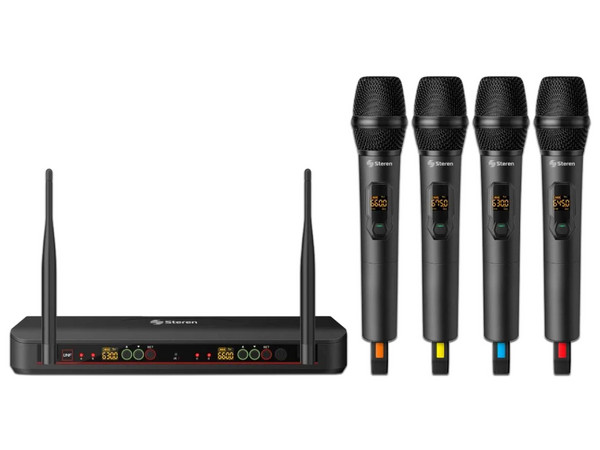 Sistema de 4 Micrófonos Steren Inalámbricos UHF c/Selección Auto 10dBm