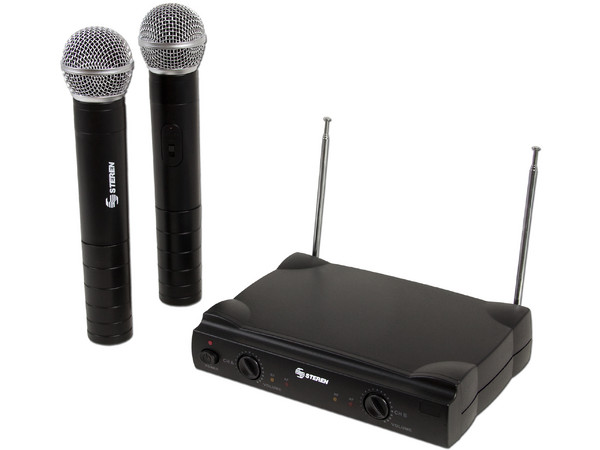Sistema profesional de dos micrófonos inalámbricos VHF, con receptor.