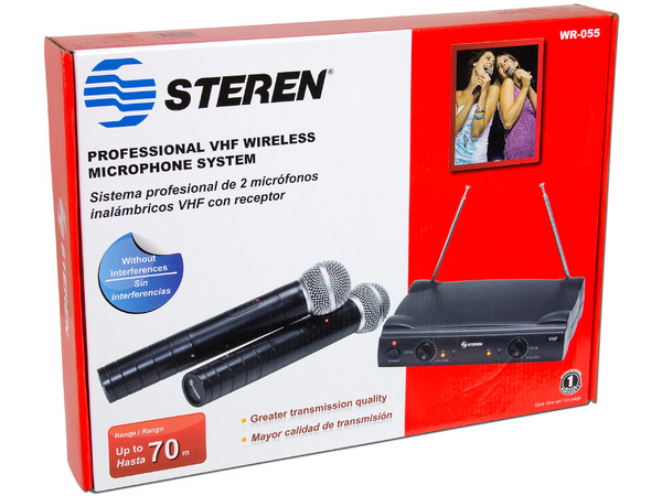 Sistema profesional de dos micrófonos inalámbricos VHF, con receptor.