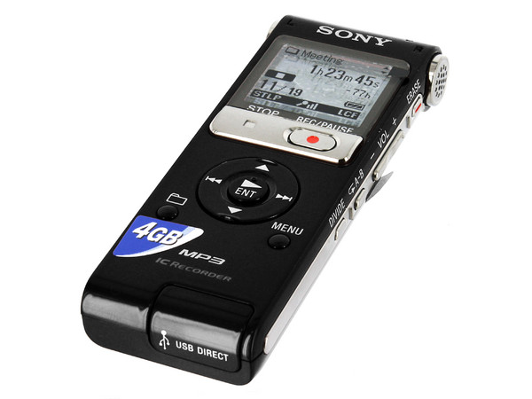 Elegante grabadora de voz digital Sony 3 en 1 con almacenamiento de 4GB y reproducción de MP3. Color Negra