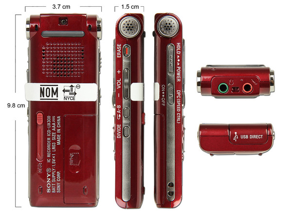 Elegante grabadora de voz digital Sony 3 en 1 con almacenamiento de 4GB y reproducción de MP3. Color Roja 
