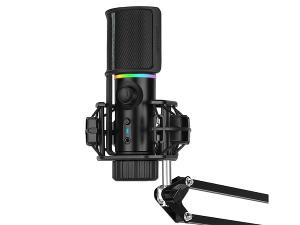 Micrófono Streamplify MIC-48-RGB-MA-BK, Muestreo de 48 KHz a 16 bits, Respuesta de Frecuencia de 100 a 18000 Hz, Cardiode, USB, Brazo Incluido. Color Negro.