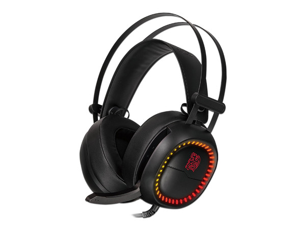 Audífonos con micrófono Thermaltake tipo diadema Shock Pro RGB. Color negro.