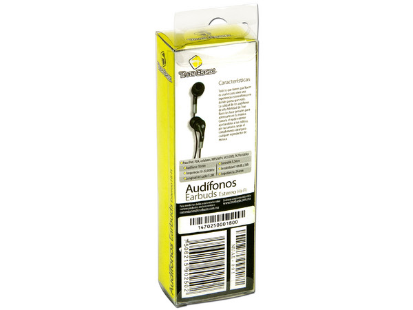 Audífonos TrueBasix Earbuds Estéreo Hi-Fi Muae-001. Color Negro.