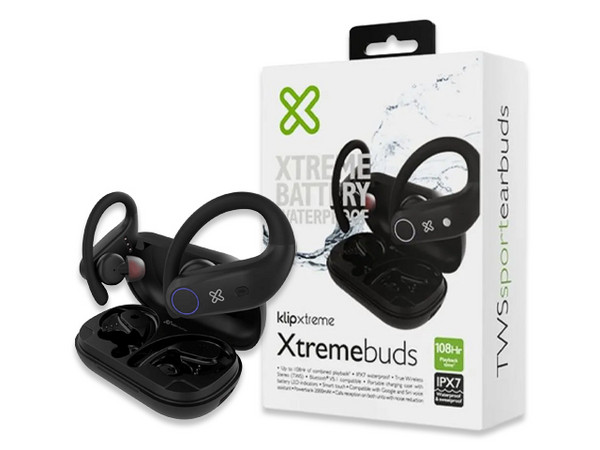 Audífonos Bluetooth Klip Xtreme KTE-500BK Xtremebuds TWS, In Ear, Resistencia al Agua IPX7, Micrófono Integrado, Estuche con Batería Portátil, Color Negro.
