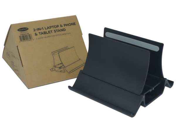 Soporte Vertical OvalTech OVDESK-LAP 2 en 1 para Laptop y Celular. Color Negro.