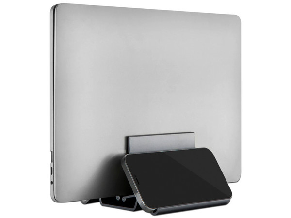 Soporte Vertical OvalTech OVDESK-LAP 2 en 1 para Laptop y Celular. Color Negro.