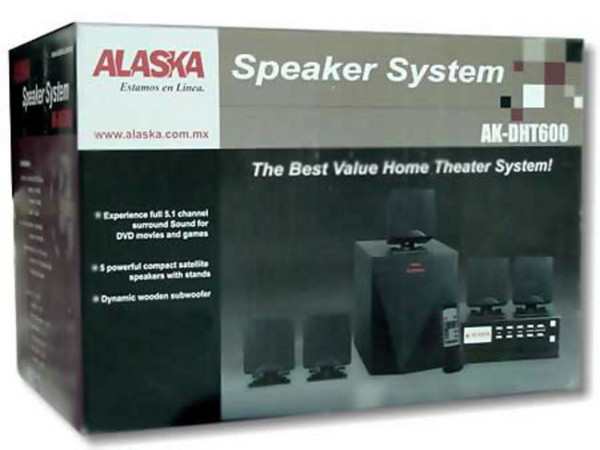 Sistema de Bocinas ALASKA AK-DHT600, Subwoofer , 5 bocinas satélite compactas, 55 Watts RMS total, sonido Surround Sound 5.1, control remoto