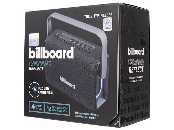 Bocina Portátil Billboard Carbono Reflect, 5W, Bluetooth, IPX5. Color Negro.