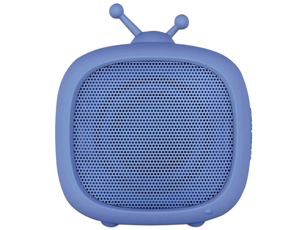 Mini Bocina portátil recargable Getttech GAT-31507, Bluetooth, color azul, diseño de TV.