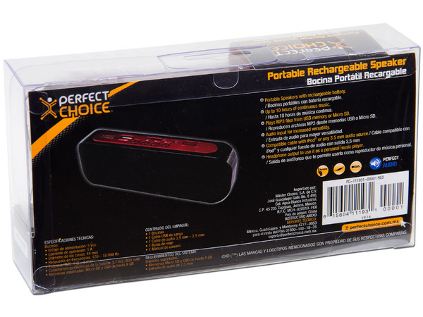 Bocina Portátil Recargable Perfect Choice, Reproduce archivos MP3 desde memorias USB o Micro SD. Color Negro/Rojo