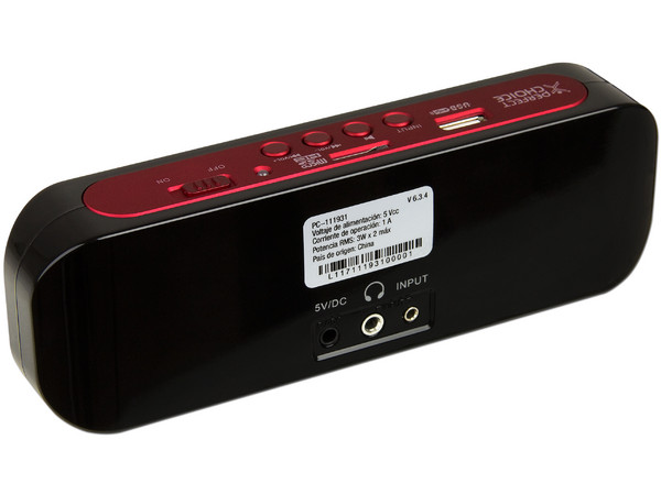Bocina Portátil Recargable Perfect Choice, Reproduce archivos MP3 desde memorias USB o Micro SD. Color Negro/Rojo