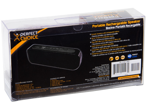 Bocina Portátil Recargable Perfect Choice, Reproduce archivos MP3 desde memorias USB o Micro SD. Color Negro/Gris