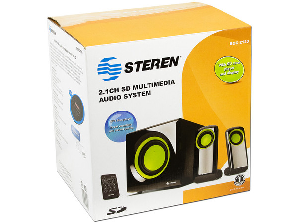 Bocinas multimedia de 2.1 canales, con lector USB, memorias SD y radio FM.