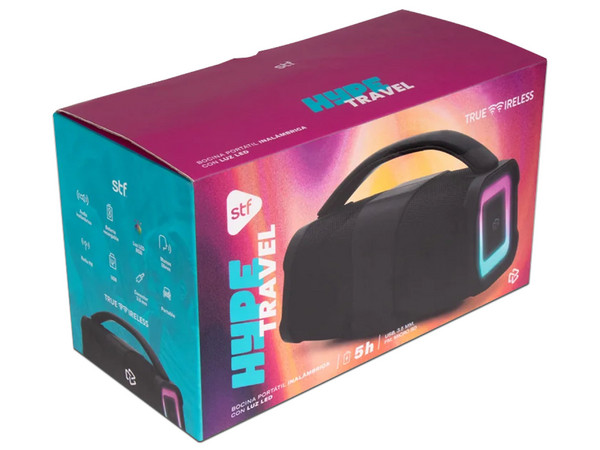 Bocina Inalámbrica STF Hype Travel STF de 20W RMS, Bluetooth, Batería Recargable. Color Negro.