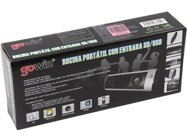 Bocina Portátil Recargable Gowin, Reproduce archivos MP3 desde memorias USB o SD.