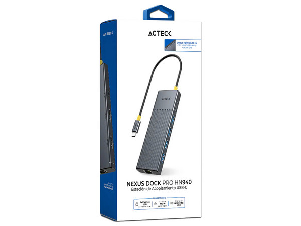 Hub USB Acteck Nexus Dock Pro AC-944625, USB Tipo C a HDMI 2.1, USB Tipo A 3.2, USB Tipo C, RJ-45. Color Plata.