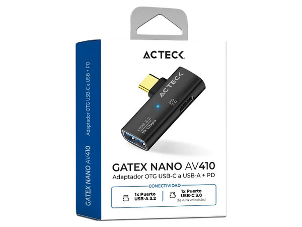 Adaptador OTG Acteck Gatex Nano AV410 USB Tipo A a Tipo C, 100W. Color Negro.