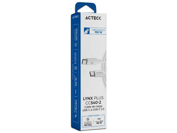 Cable de Datos Acteck AC-945158 USB Tipo C (M-M), 100W, 480Mbps, Longitud de 2m. Color Blanco.