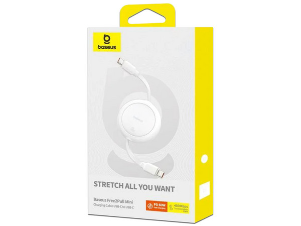 Cable USB Tipo C Baseus P10364500211-01, Mini Retráctil, 60W, 1m. Color Blanco.