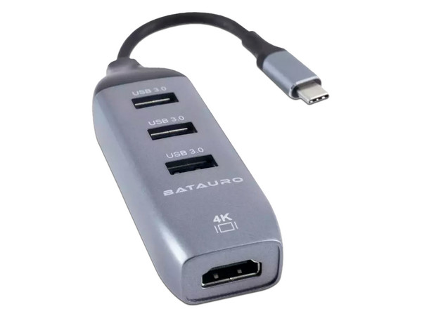 Adaptador Hub Batauro de USB-C a USB 3.0 y HDMI, Color Gris.