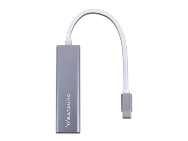Adaptador Hub Batauro de USB-C a USB 3.0 y LAN, Color Gris.