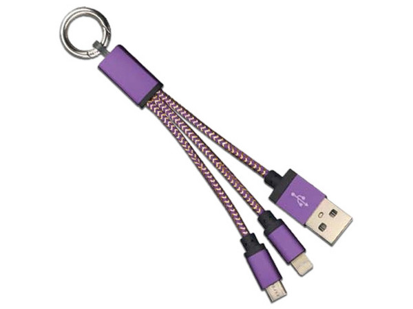 Cable USB Tipo Llavero BRobotix 170317M de USB 2.0 a Micro USB y Lightning (M-M), 12cm. Color Morado.