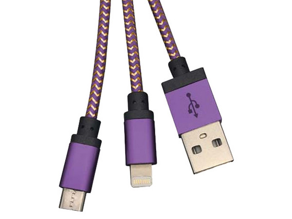 Cable USB Tipo Llavero BRobotix 170317M de USB 2.0 a Micro USB y Lightning (M-M), 12cm. Color Morado.