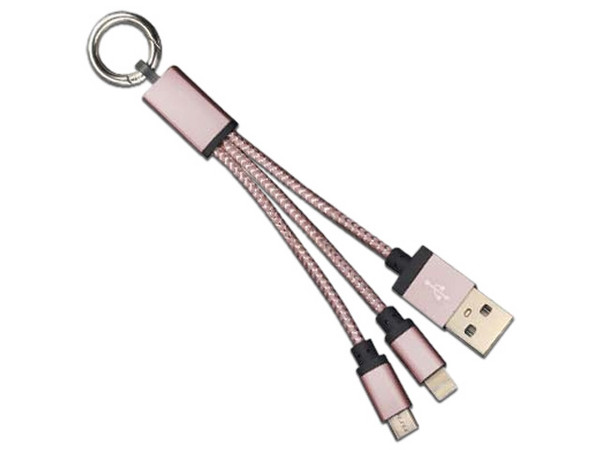 Cable USB Tipo Llavero BRobotix 170317R de USB 2.0 a Micro USB y Lightning (M-M), 12cm. Color Rosa.