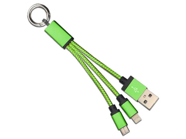 Cable USB Tipo Llavero BRobotix 170317V de USB 2.0 a Micro USB y Lightning (M-M), 12cm. Color Verde.