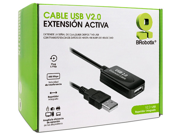 Extensión USB 2.0 BRobotix de 15 Metros, Hasta 480 Mbps, hot swap, Color Negro.