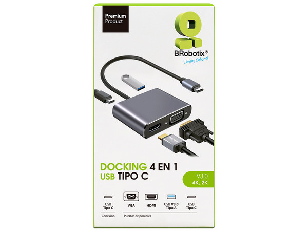 Docking Station BRobotix 4 en 1 6000687 con Puertos de USB Tipo-C a USB A, USB Tipo C (Hembra), HDMI, VGA, Color Plateado.