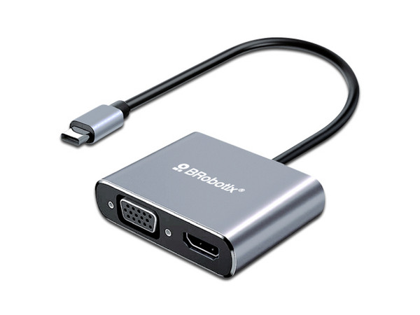 Docking Station BRobotix 4 en 1 con Puertos de USB Tipo-C a USB A, USB Tipo C (Hembra), HDMI, VGA. Color Plateado.