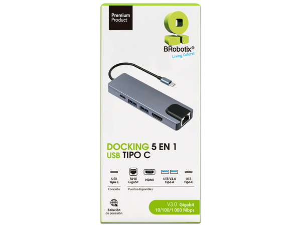 Docking Station BRobotix 5 en 1 6000694 con Puertos de USB Tipo-C a USB A, USB Tipo C (Hembra), HDMI, RJ-45, Color Plateado.