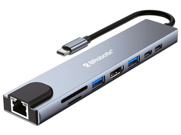 Docking Station BRobotix, USB tipo C a HDMI 4K, USB A 3.0, USB tipo C, Gigabit RJ45 y Lector de Tarjetas SD y MicroSD.